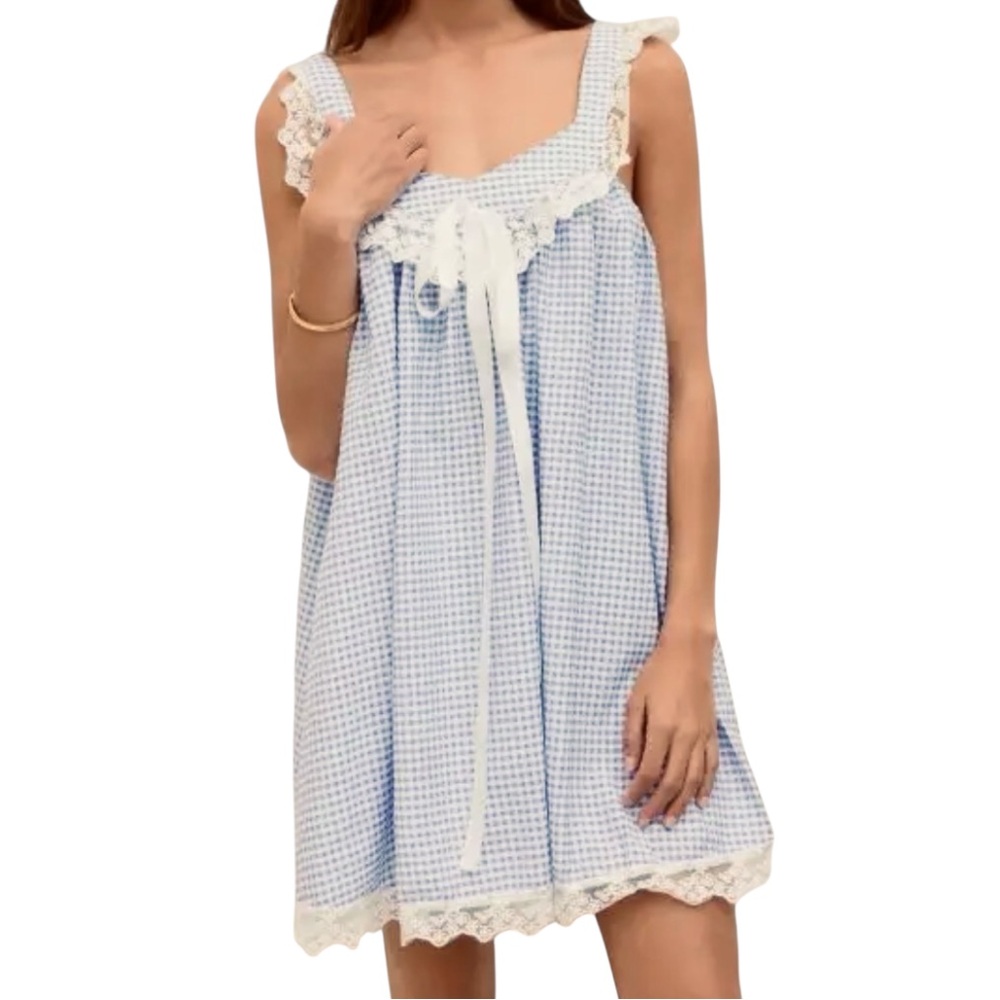 Cider Women’s Blue White Gingham Check V Neck Lace Satin Bow Sleeveless Dress S